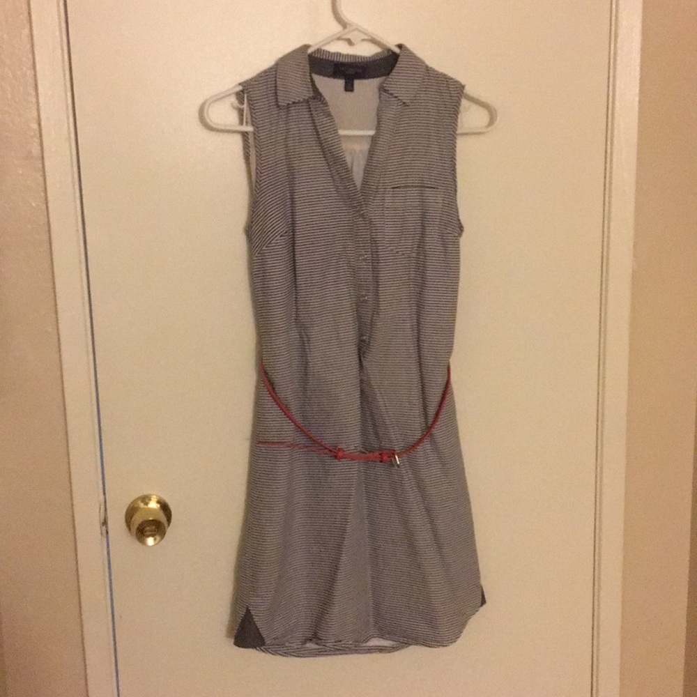 Denim striped dress with red belt